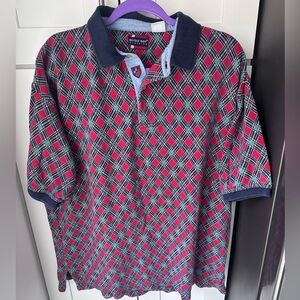 Vintage Bugle Boy Navy & Red Plaid Polo Shirt Large